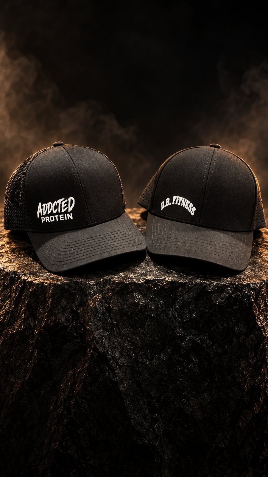 ADDCTED PROTEIN cap and D.B. FITNESS cap side by side