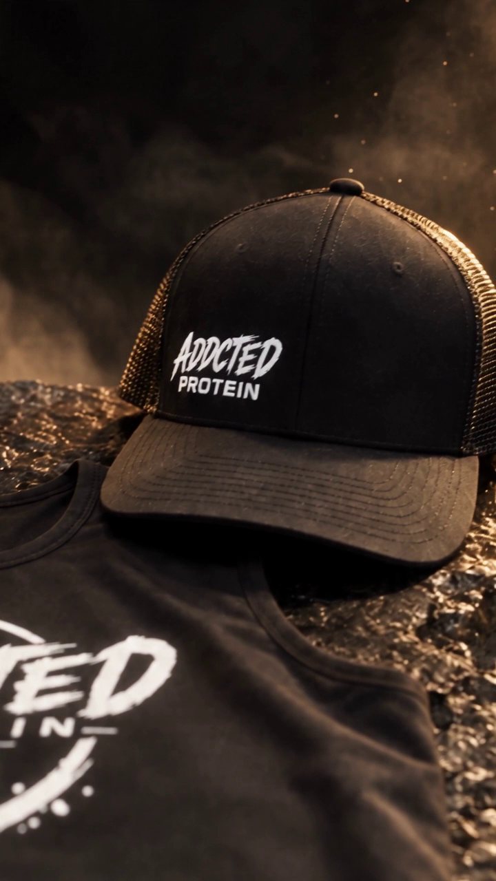 Black ADDCTED PROTEIN trucker cap