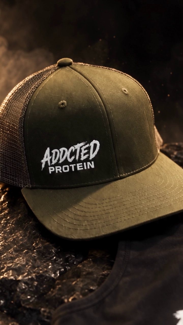 Olive ADDCTED PROTEIN trucker cap