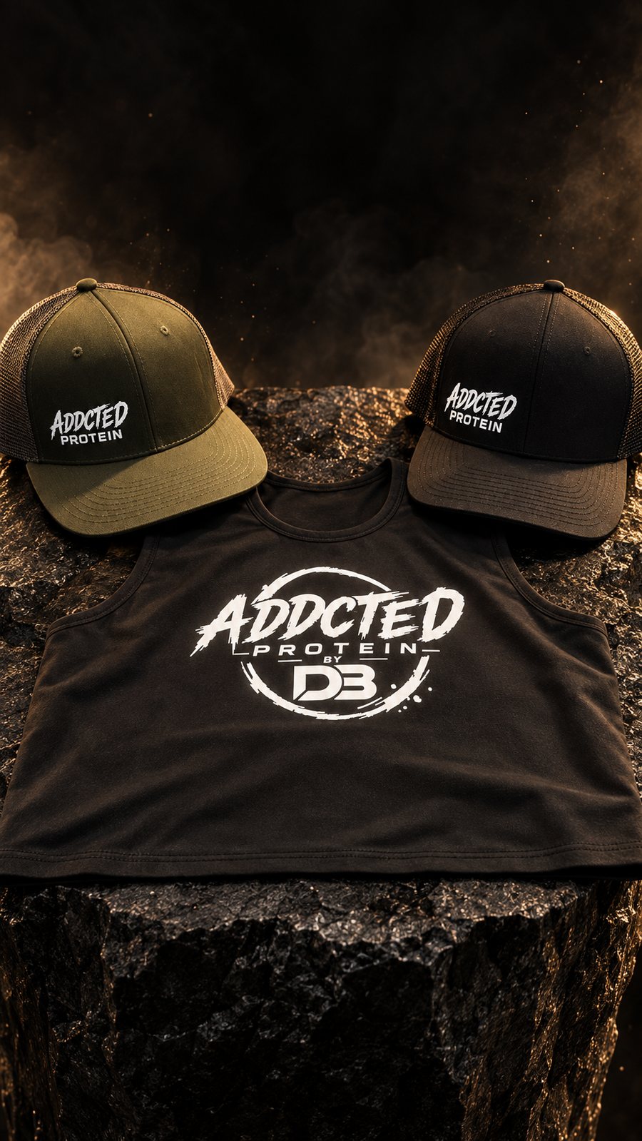 ADDCTED olive cap, black cap and tank with circular emblem on stone