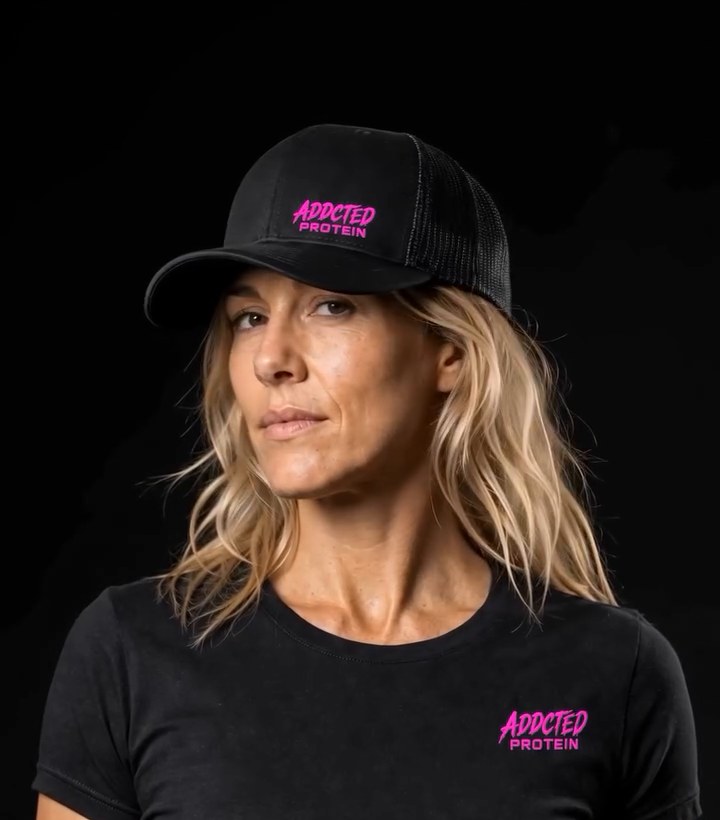 Woman wearing the black ADDCTED PROTEIN trucker hat with hot pink lettering